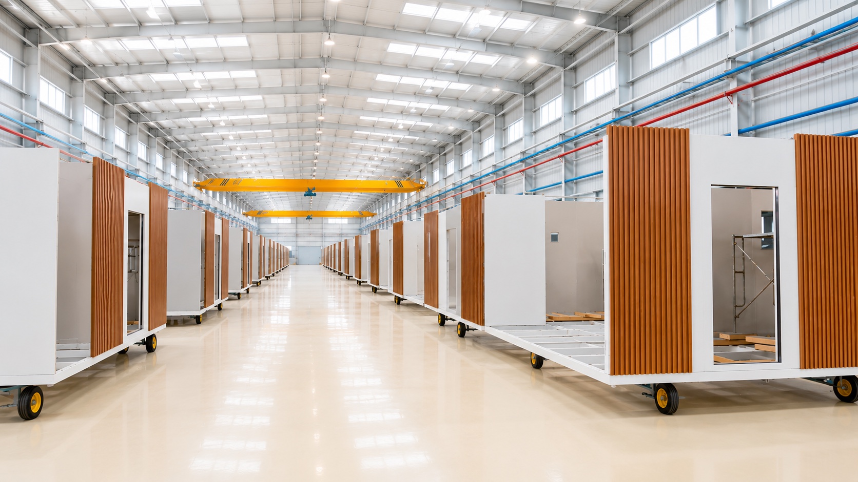BOXWAY modular building panels arranged inside a factory assembly hall