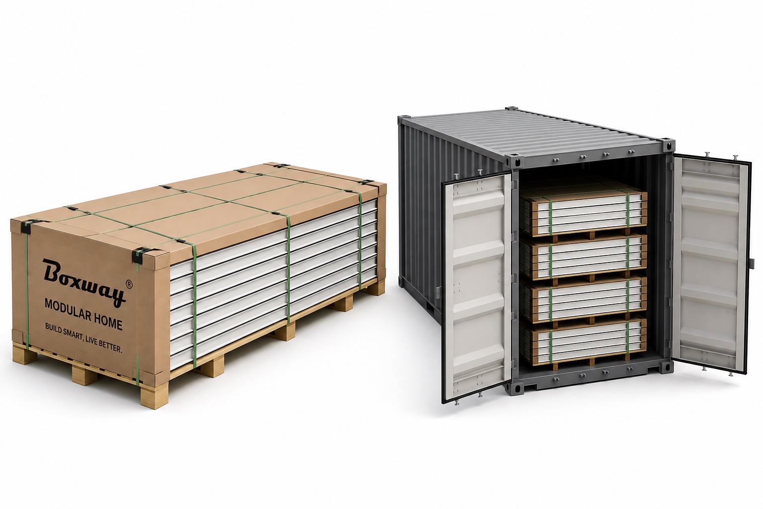 BOXWAY flat-pack wall panels prepared for container shipping