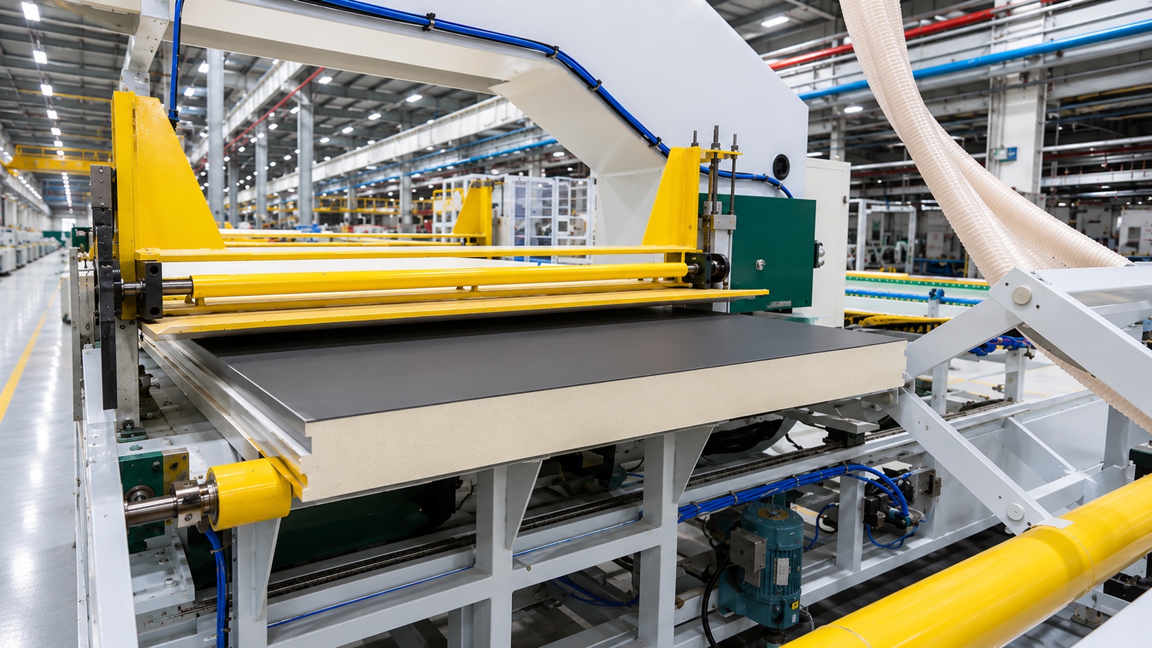 Metal SIP panels moving through a precision fabrication line