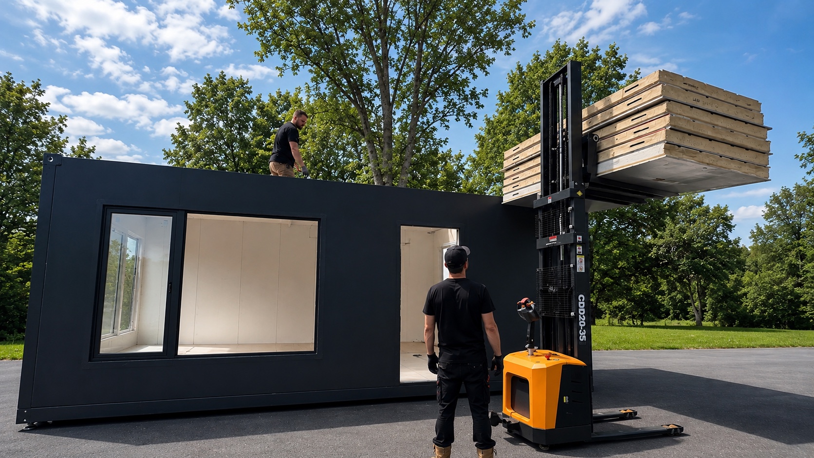 A local installation team assembling a BOXWAY modular building on site