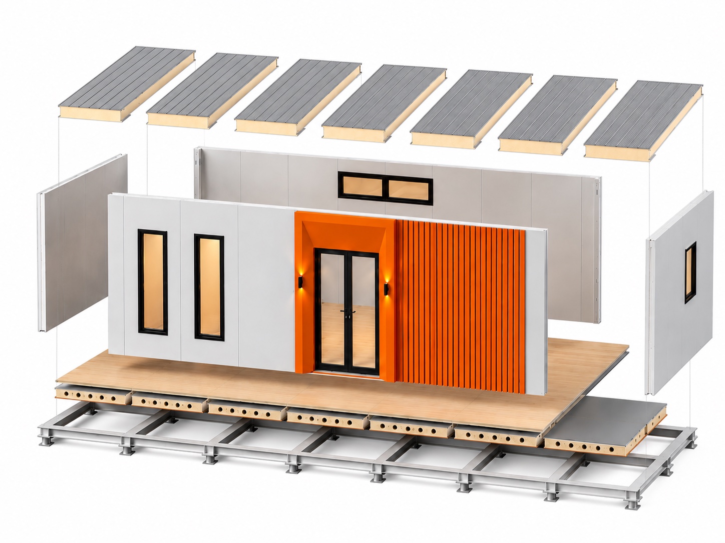 Exploded view of a complete BOXWAY modular building assembly