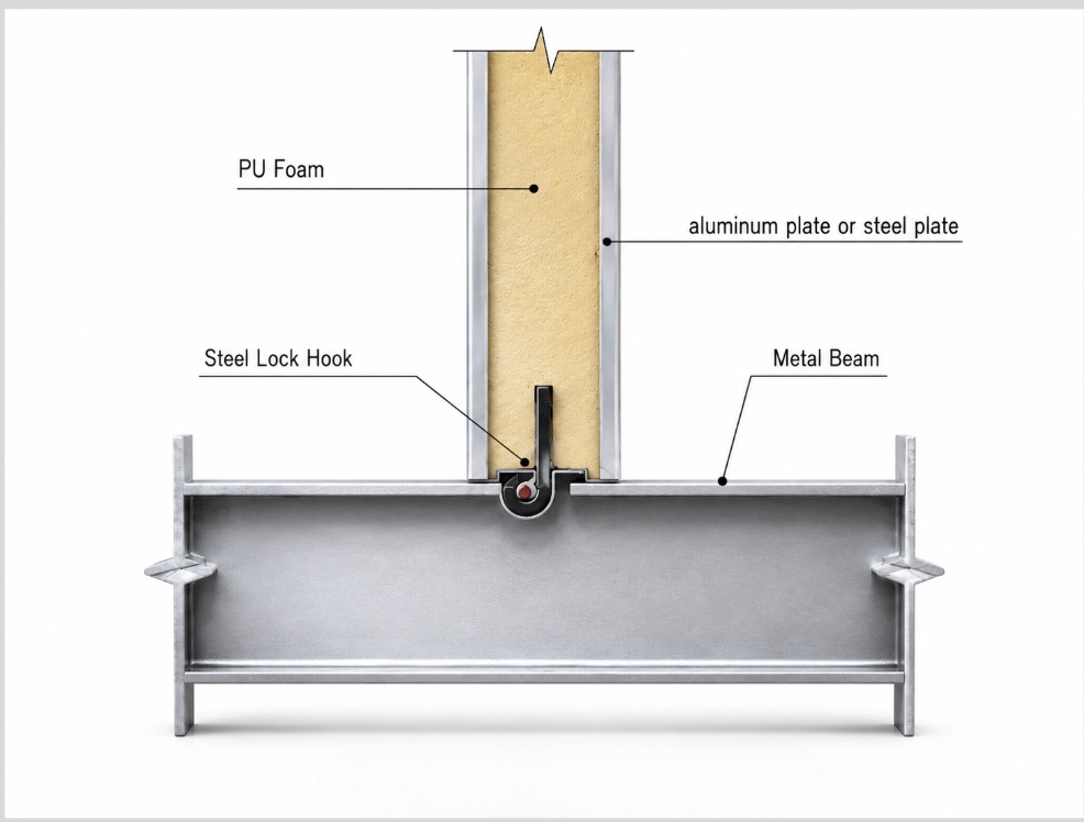 Detailed BOXWAY wall-to-metal beam connection using a steel lock hook
