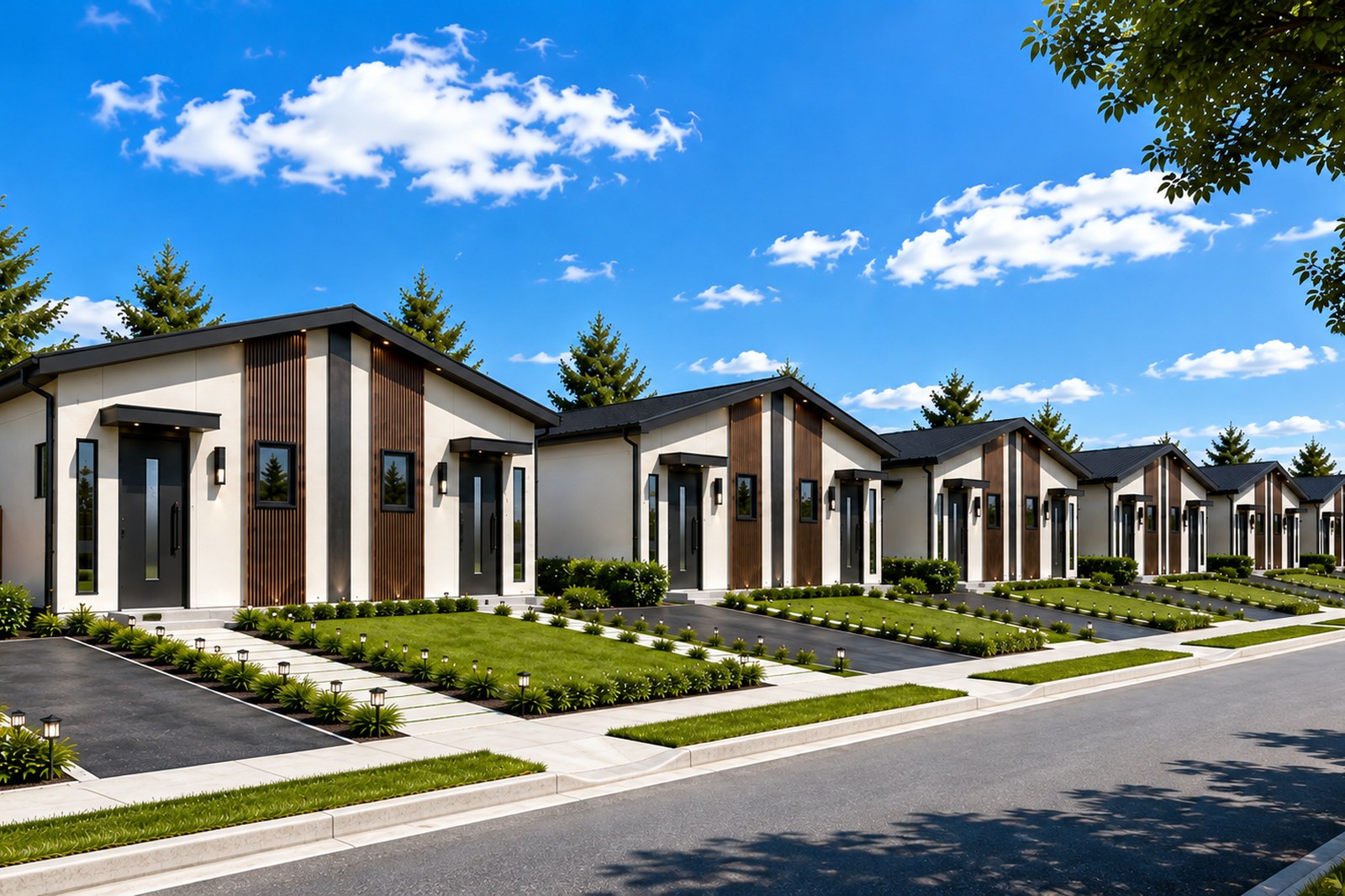 街道旁一排重复建造的 BOXWAY 出租住宅