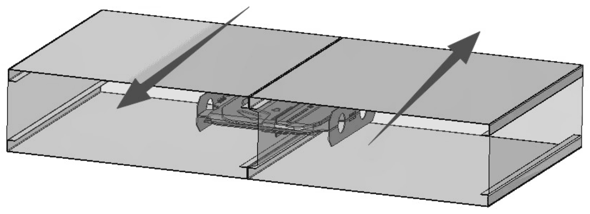 Two panel edges joined by a cam-lock, arrows sliding along the joint