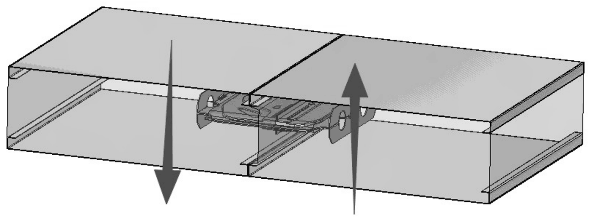 Two panel edges joined by a cam-lock, arrows acting perpendicular to the panel face