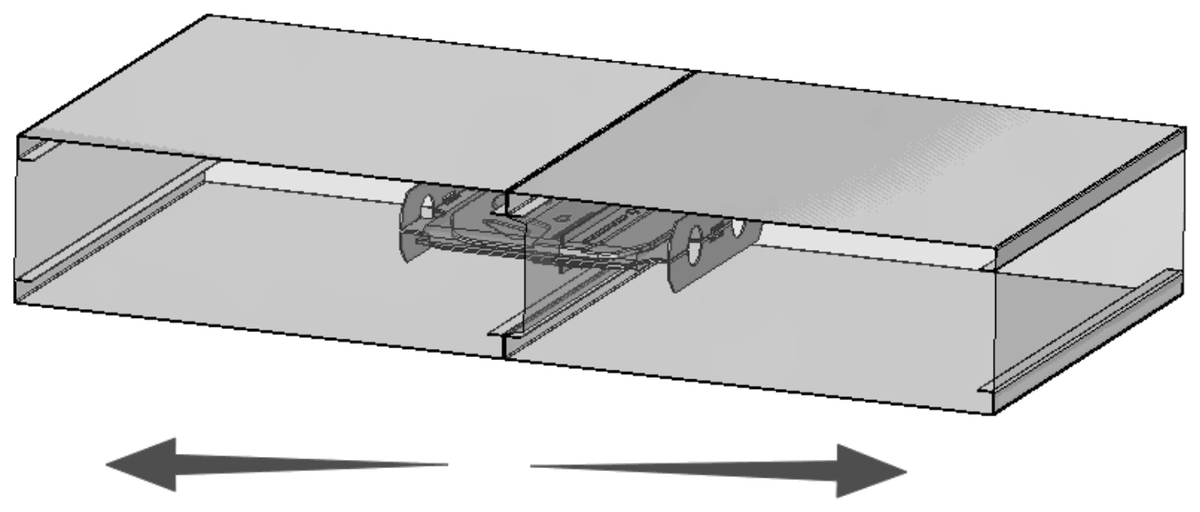 Two panel edges joined by a cam-lock, arrows pulling the panels apart