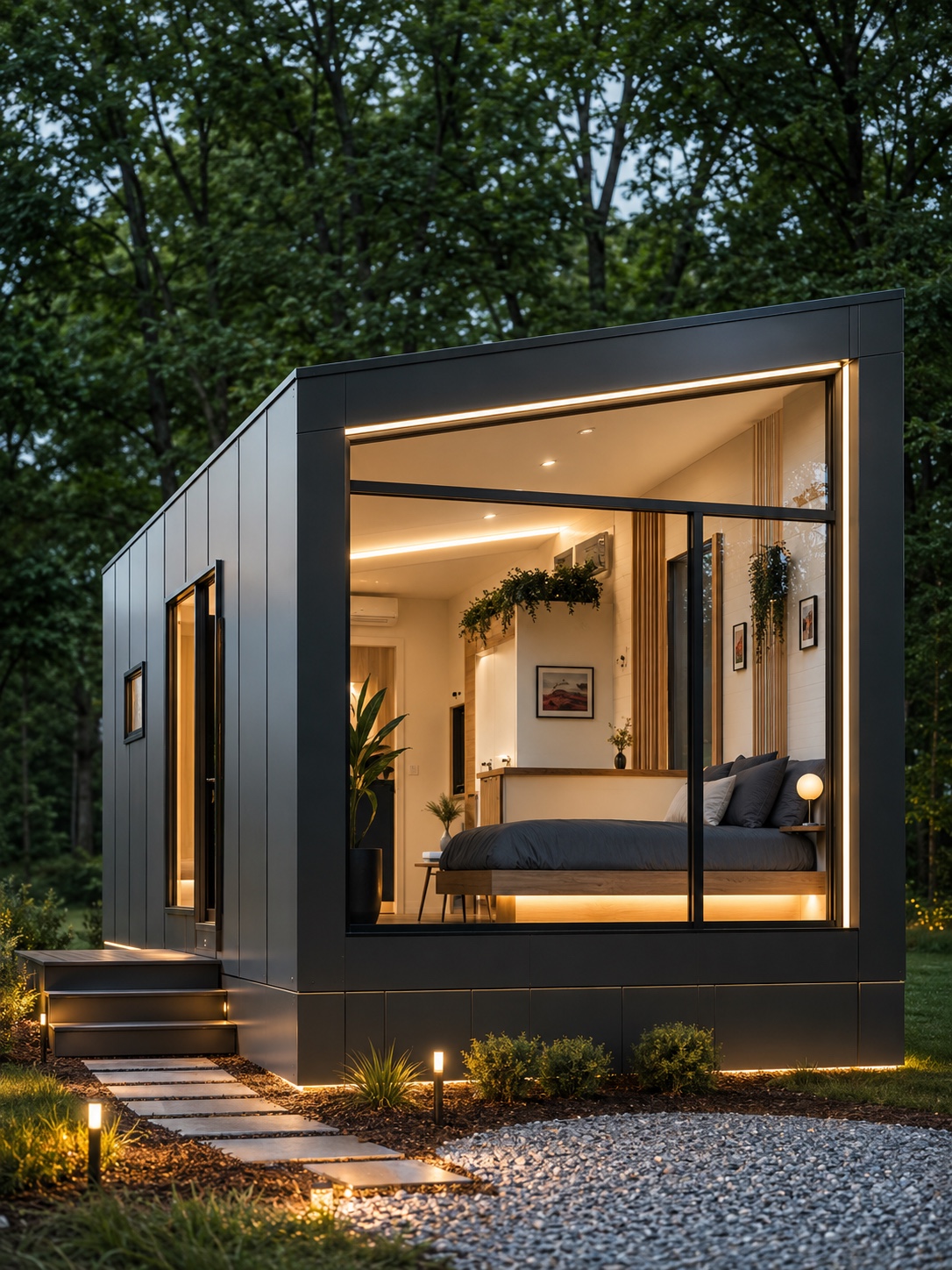 A modern dark-clad modular ADU with a warmly lit bedroom