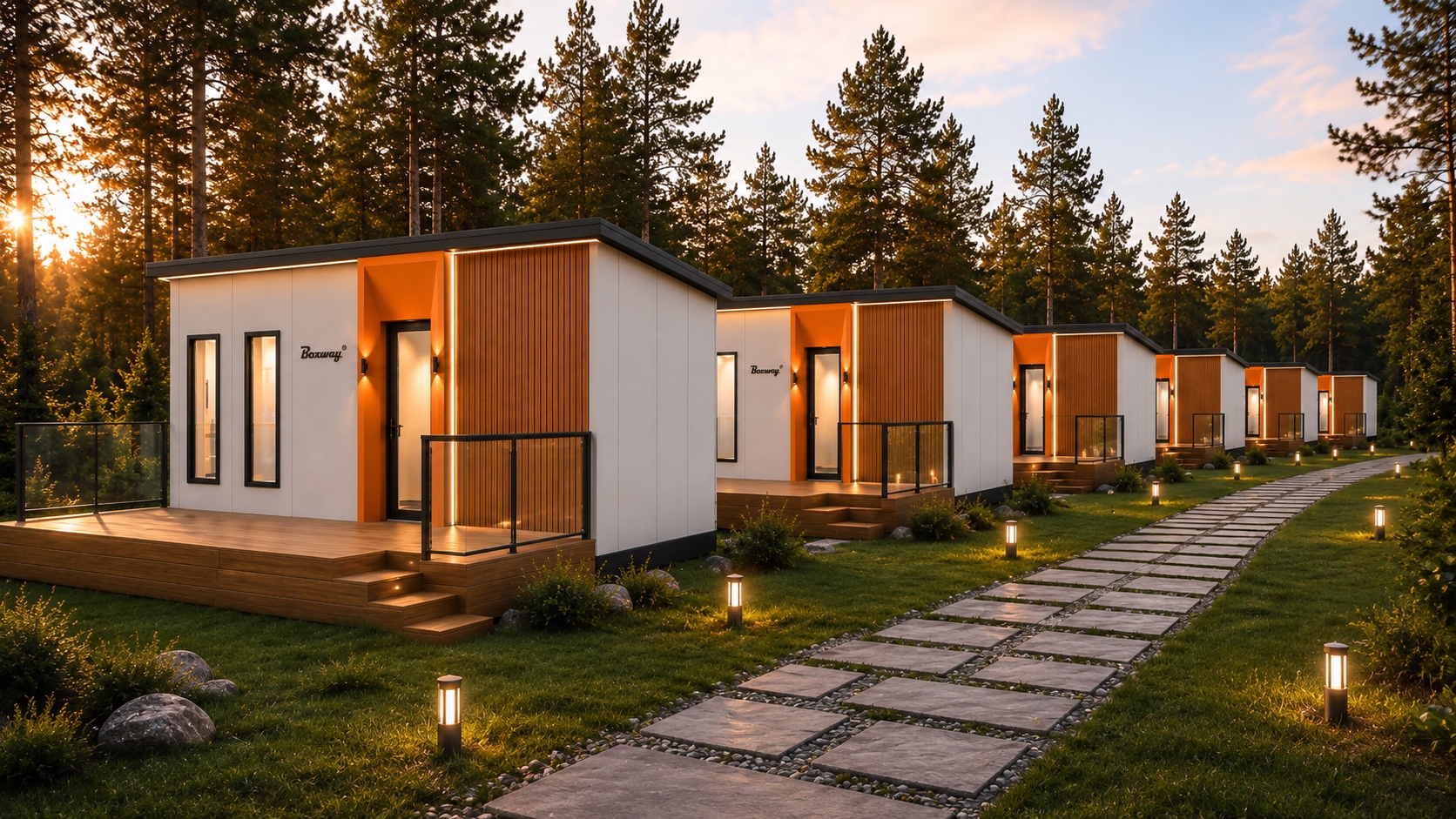 A landscaped BOXWAY modular cabin destination at sunset